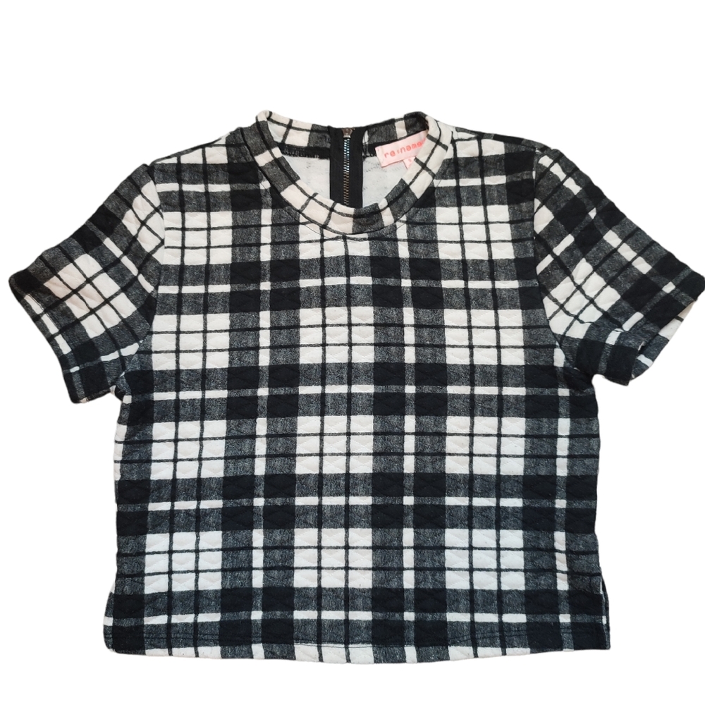 *Re:Named Black White Plaid Crop Mock Neck Zipper Back Top Size Small Y2K Preppy